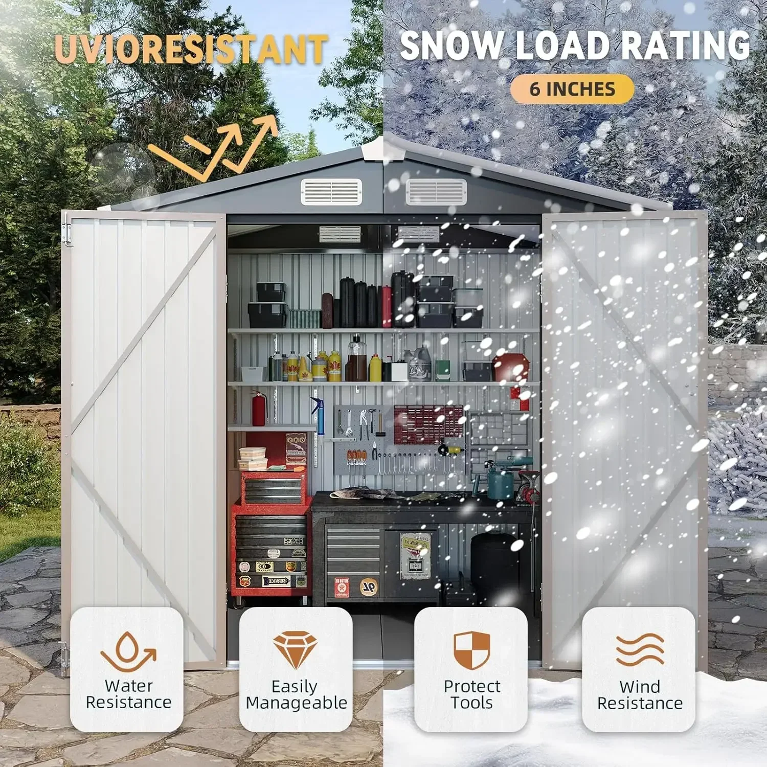 

[free Shipping, Hot Deal!]7.4x5.3ft With Floor Galvanized Steel Outdoor Storage Shed Metal Garden Double Doors, 1