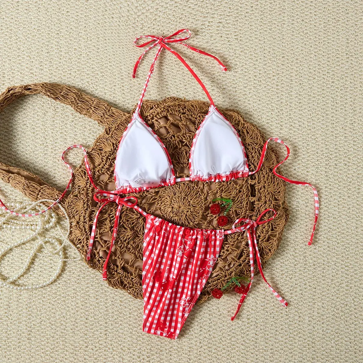 sexy red flower plaid print halter back tie bikinis sets two pieces thong swimsuits bathing suit swimwear biquini tankini