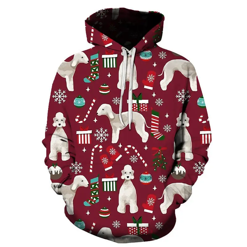 

Men Casual Sweatshirt Winter Long Sleeve Pocket Drawstring Pullover Tops Christmas Dogs 3D Print Christmas Party Hoodies