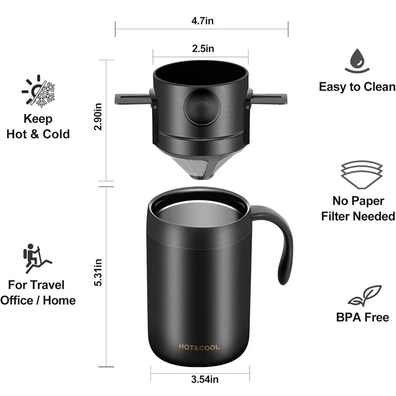 Outdoor portable hand-brewed coffee cup Stainless steel thermos cup Portable accompanying cup Household