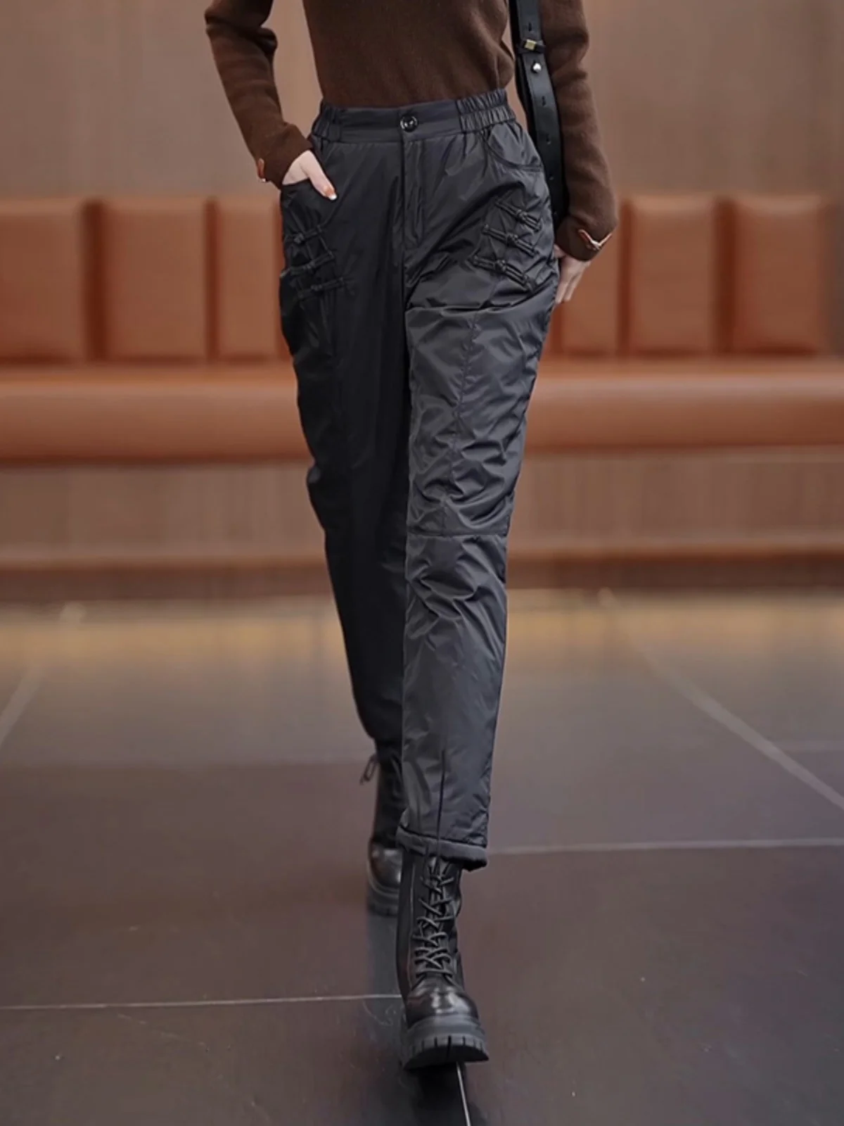 Lightweight down Cotton Pants for Women Winter High Waist Straight Leg Harlan Boot Trousers Anti Wind Warm Button Detail