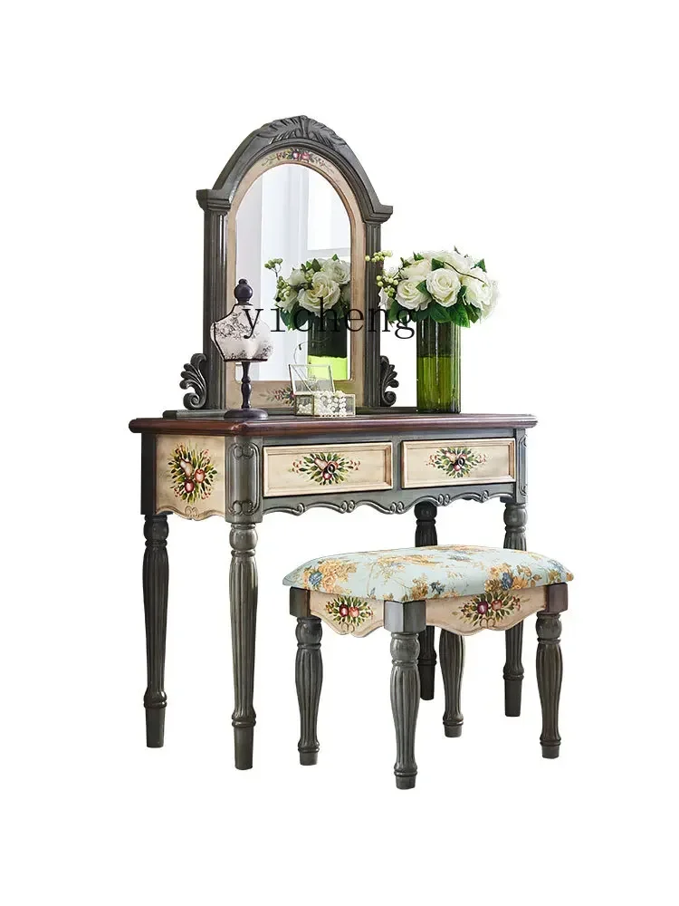 ZZ Makeup Table Bedroom Desk Integrated French Style Small Apartment Retro Solid Wood Dressing Table