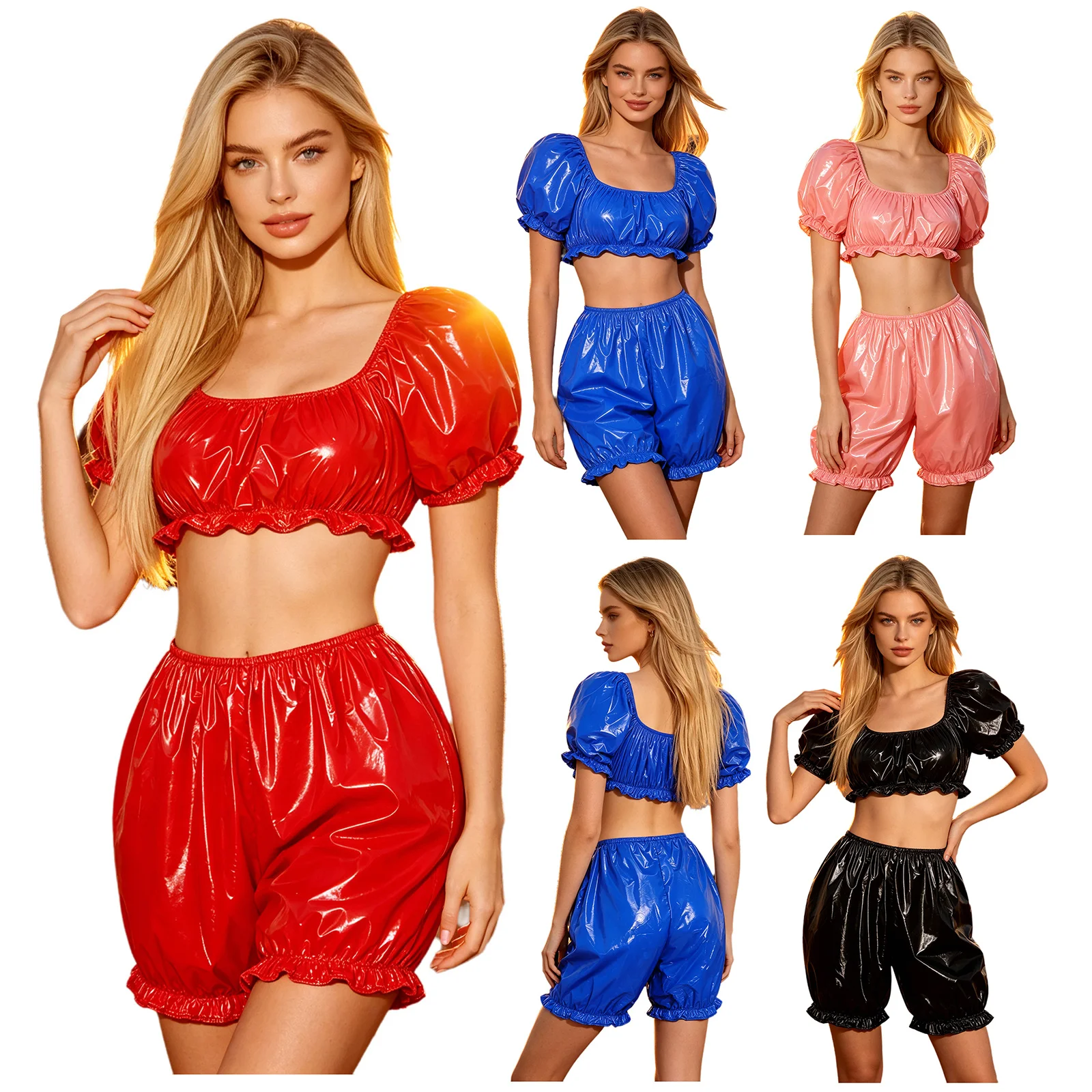 Women Nursing Homewear Sets Waterproof Vinyl Diaper Adaptive Outfits Ruffled Pajamas Short Puff Sleeve Crop Top Bloomers Shorts