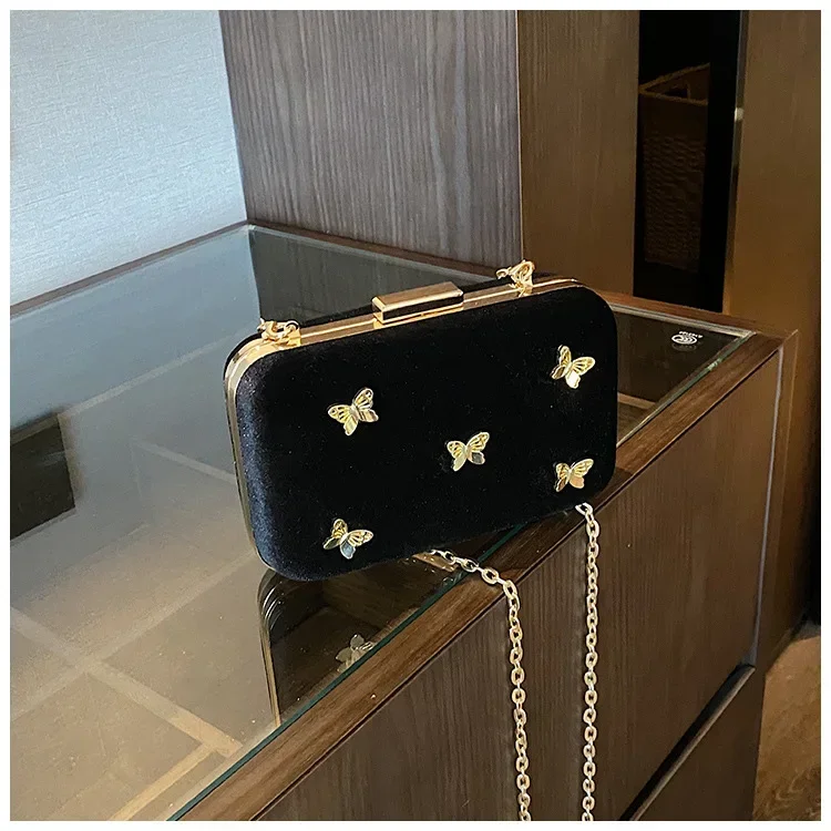 

Luxury Black Velvet Clutch Bag Delicate Hasp Woman Evening Party Bags Elegant Ladies 3d Butterfly Purse Wedding Clutches