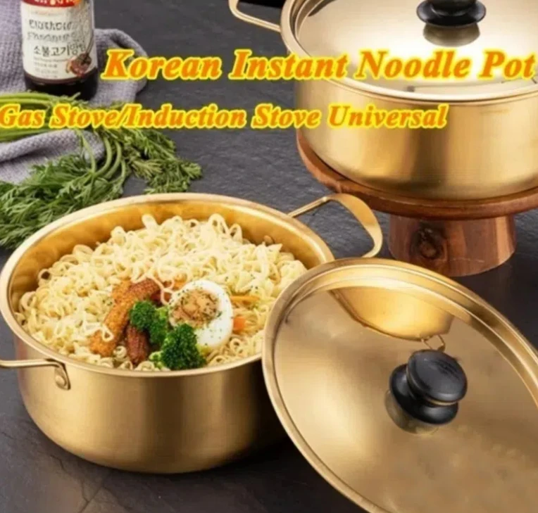 Olla caliente coreana, olla Ramen de acero inoxidable chapada en oro con tapa, olla de sopa de doble oreja