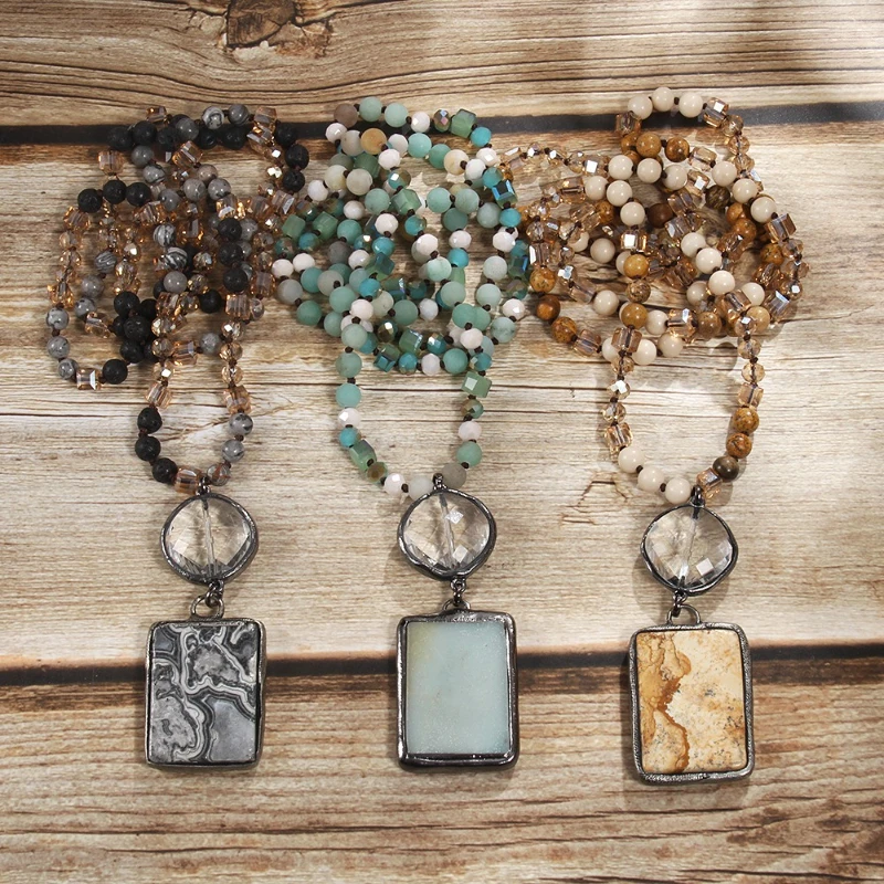 

Natural Stone Glass Knotting Geometric Sweater Chain Handmade Beading Women Fashion Personalized Necklaces Jewelry