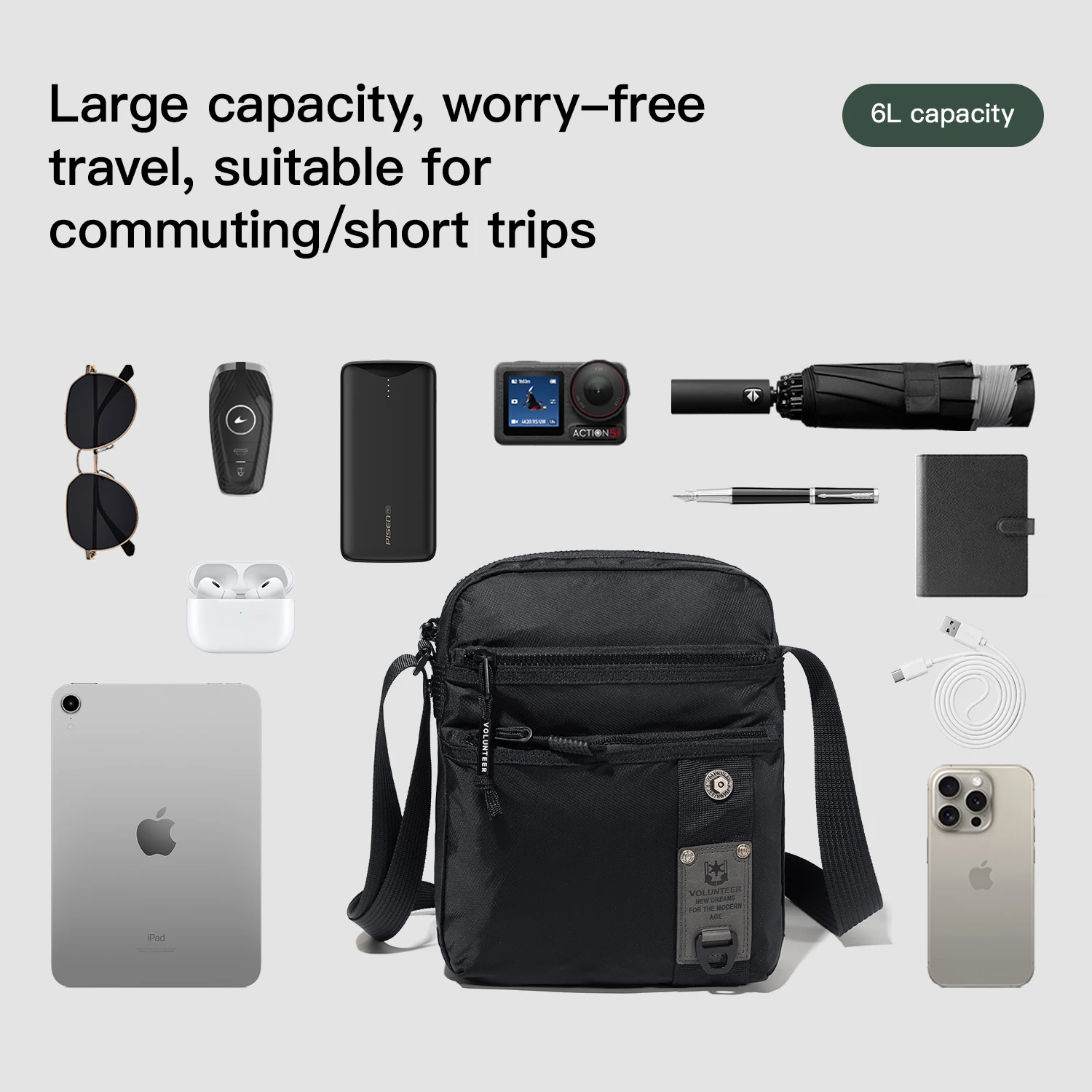 VOLUNTEER 6L Men's Crossbody Bag Men's Casual Simple Waterproof Oxford Cloth Multifunctional Phone Shoulder Sling Bag 1809-04