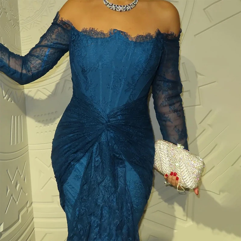 Robes de soirée formelles en dentelle bleu foncé, épaules dénudées, manches longues plissées, robes de bal de forme sirène, personnalisées