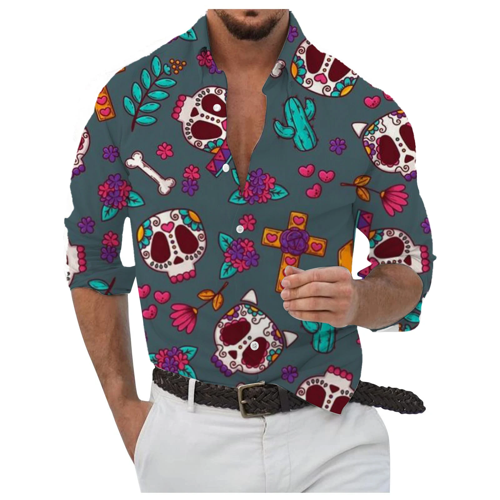 Camisa masculina de manga comprida com estampa de caveira de açúcar do México, tops respiráveis com padrão temático de halloween, camisas de manga comprida com gola virada para baixo