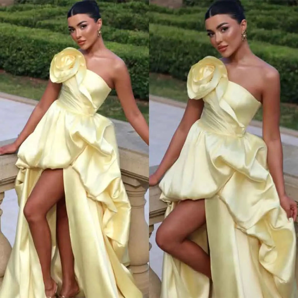 

High Quality Customized Floor Length Flower Strapless Sleeveless Yellow Pleat Elegant Dress Women for Wedding Party Prom Dress