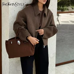 TWOTWINSTYLE Solid Minimalist Coats For Women Lapel Long Sleeve Patchwork Zipper Casual Jackets Female Fashion New Clothes 2024