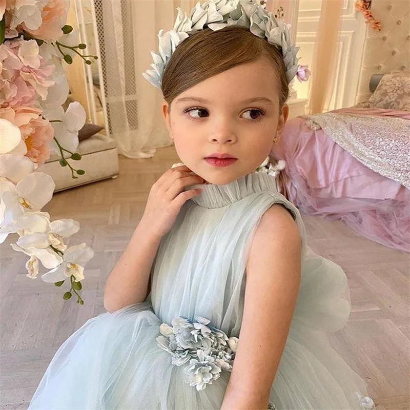 

Summer Wedding Flower Girls Dresses New Tulle With High Neck Crystal Sash First Communion Little Birthday Party Wedding Gown