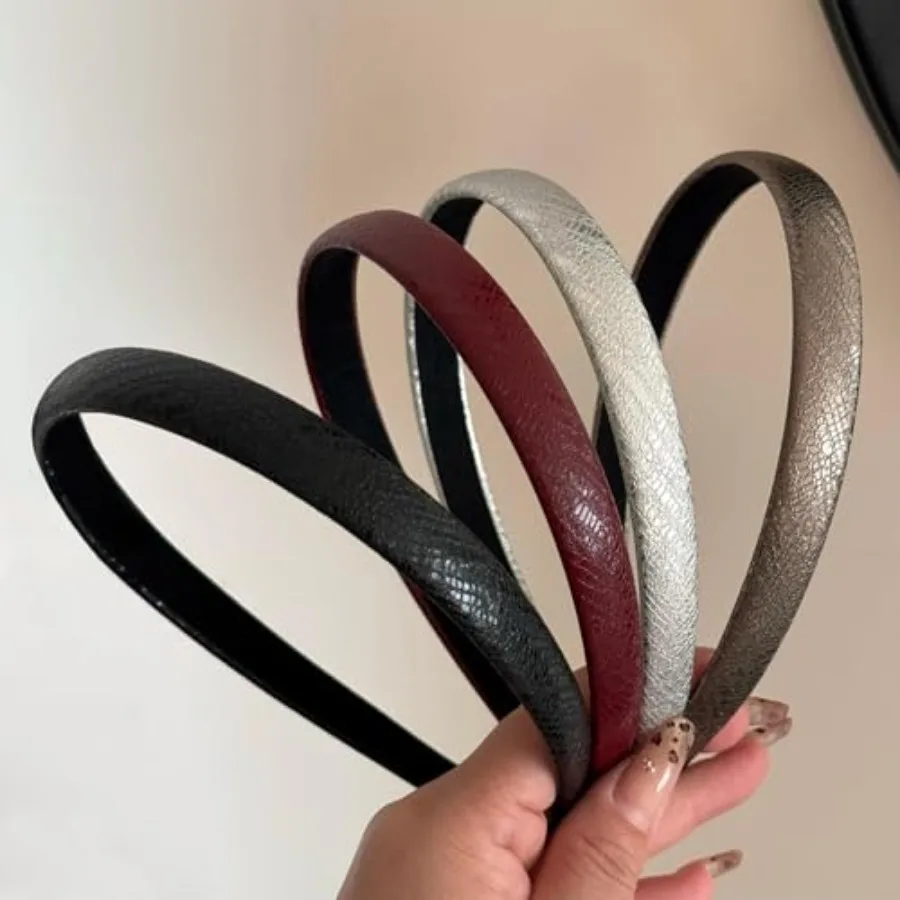 4 Pack Skinny Faux Leather Headbands for Women, Metallic Textured Thin Hair Bands, Non-Slip Lined Hard Hair Hoops, Elegant Vint