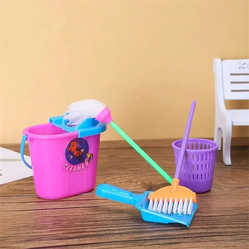 9-delige mini-reinigingsspeelgoedset - poppenhuisbezem, dweil- en emmeraccessoires voor kinderen, poppenmeubilair huishoudelijk spelen