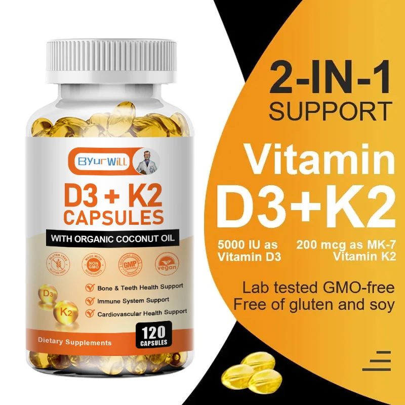 Vegan Vitamin D3K2 Capsule for Boosting Calcium Absorption Bone Joint Mitigation Prevent Osteoporosis Keep Immune Support Health