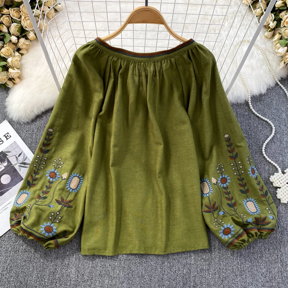 TEELYNN Casual Ethnic Embroidery Floral Blouses Shirts Women Vintage O-neck Long Sleeve Loose Blouse Tops Boho Cotton Blusas