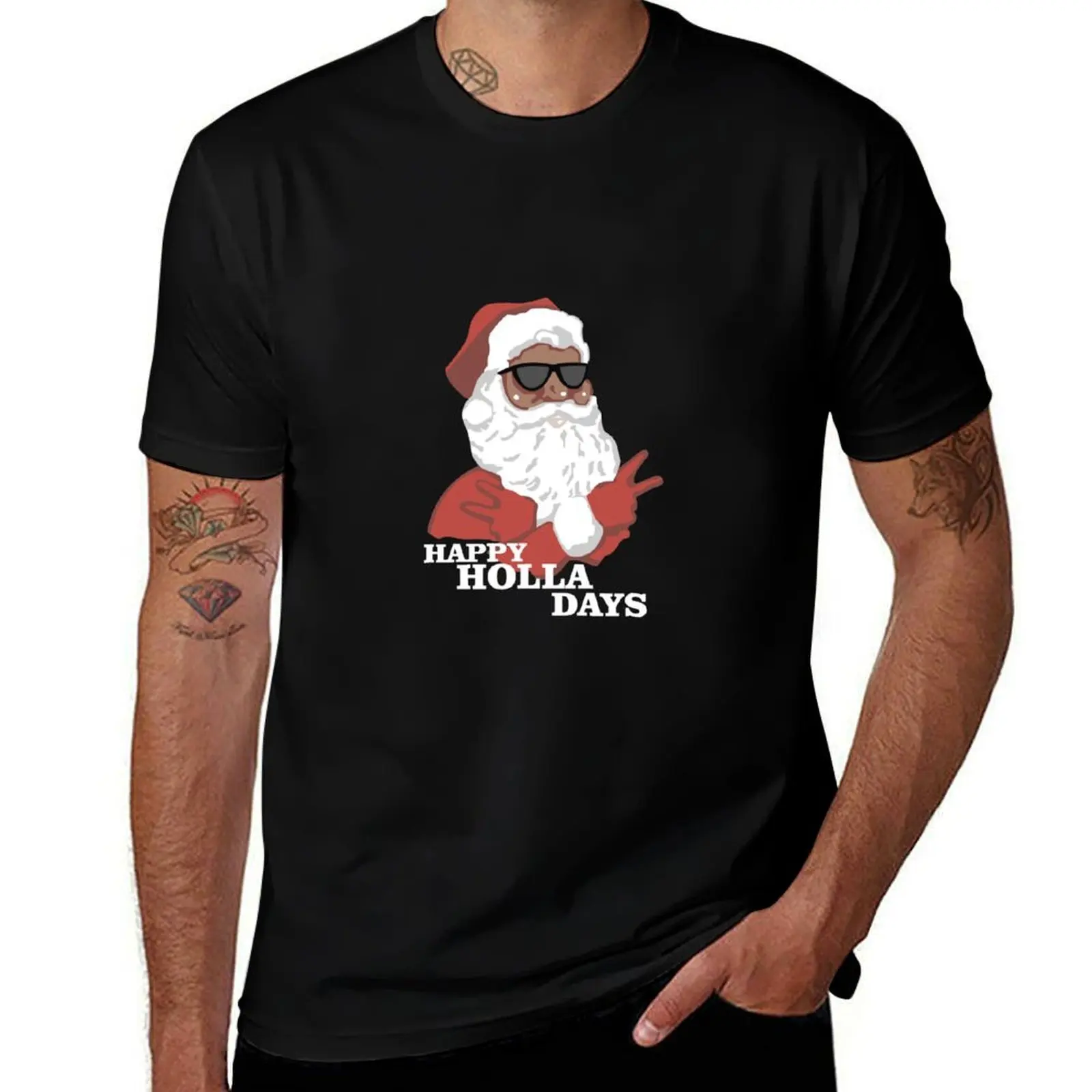 

Christmas Happy Holla Days African American Santa Hoodie T-Shirt t shirts for man pack cotton T-Shirt