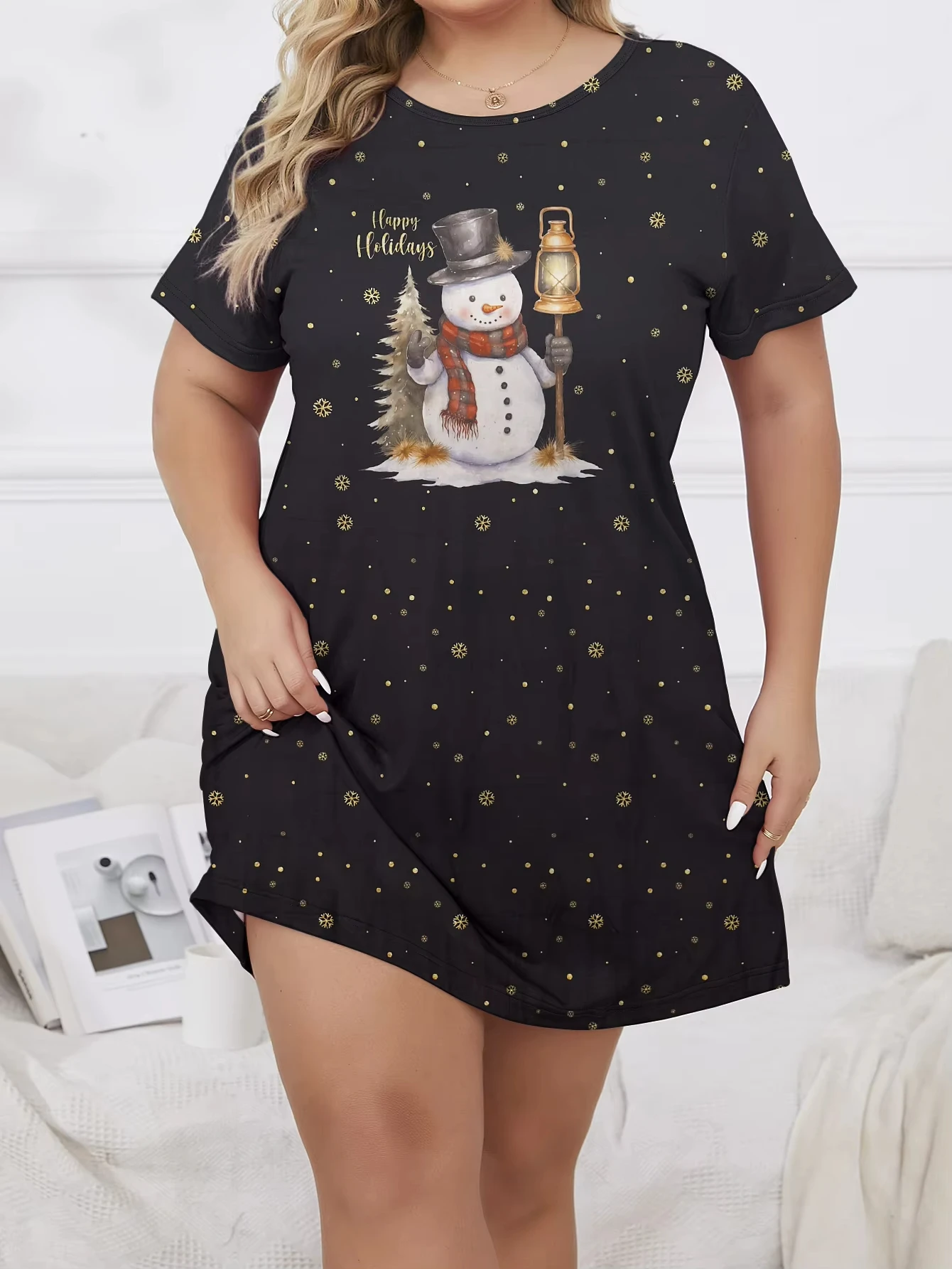 

2025 Новое женское летнее свободное и удобное домашнее платье для сна с короткими рукавами и принтом снеговика больших размеров