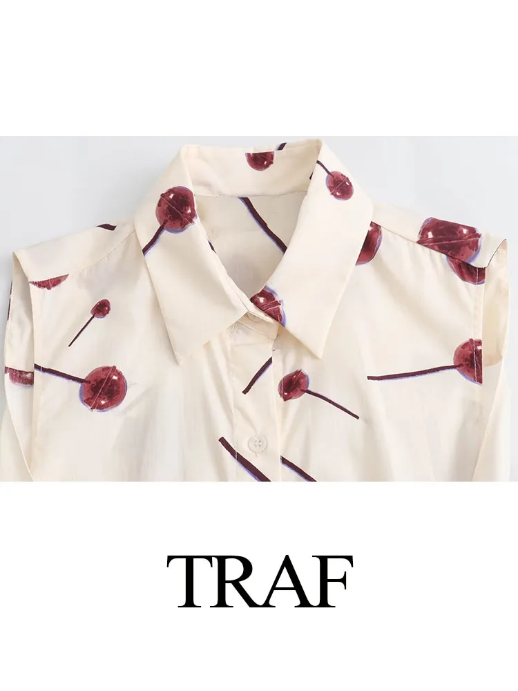 Traf-女性のノースリーブラペルプリントドレス,シングルブレストドレス,シックなレースアップ,ヴィンテージスタイル,シャツドレス,ルーズ,新品,2024