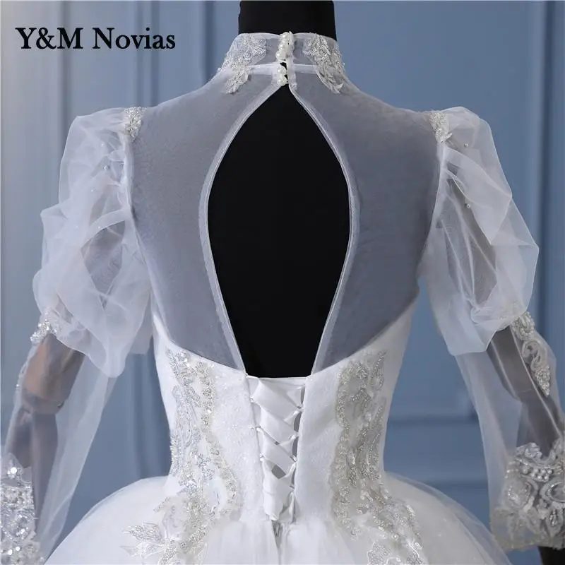 Y & m novias billig High Neck Perlen Brautkleid Dubai Stil Vintage Spitze Hochzeits kleid für Party Frauen Bridel Kleider lange Ärmel