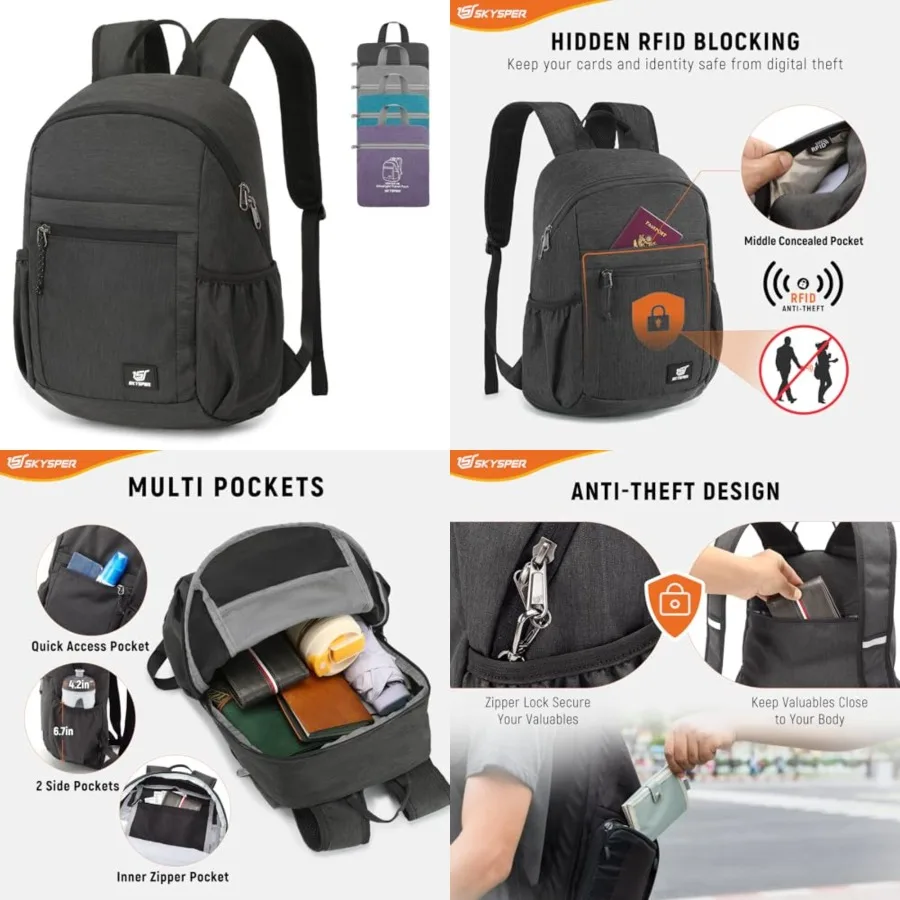 

Anti Theft Hiking Backpack, 18L RFID Packable Travel Daypack, Lightweight Foldable Back Pack for Walking Daytrip