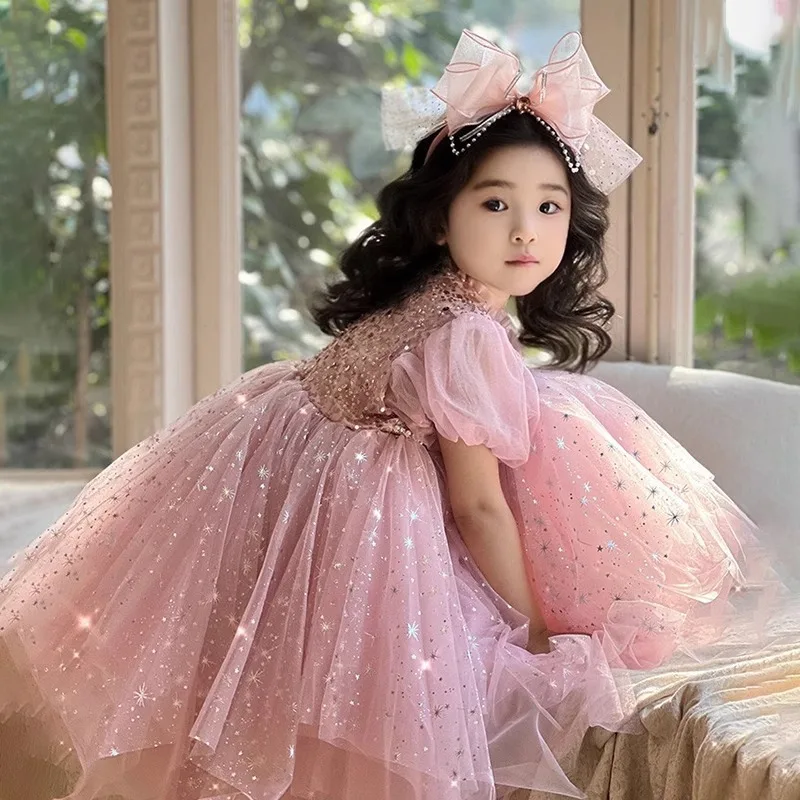 Custom Luxury Dress Women Wedding Guest Flower Girl Wedding Gown Luxury Birthday Pageant Catwalk Pink Star Glitter Kids Formal