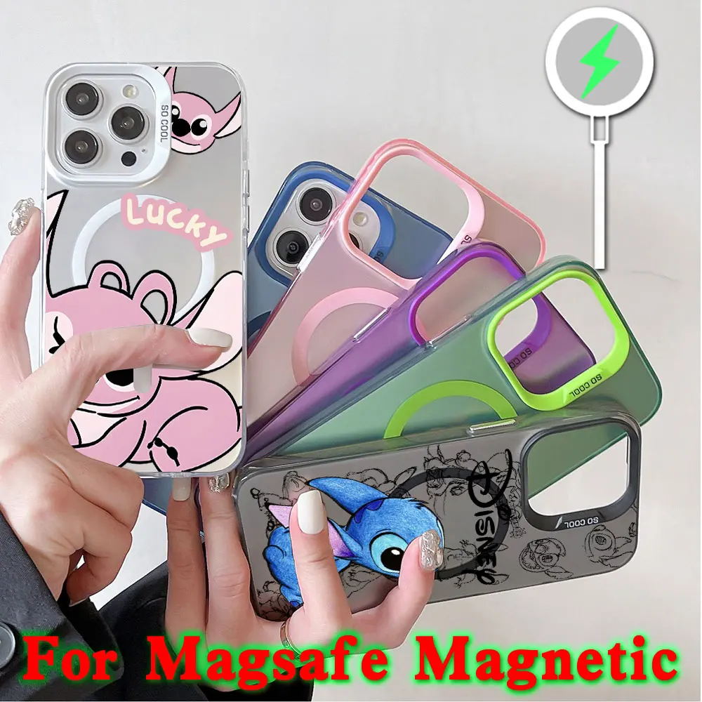 Cartoon Cute Stitch Angel Magsafe Magnetic Phone Case for IPhone 11 12 13 14 15 16 Pro Max Plus Border Silver Plated Cover