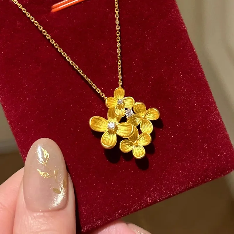 9999 Gold Chinese-style niche design elegant osmanthus necklace for women, featuring flowers, versatile accessories, brushed