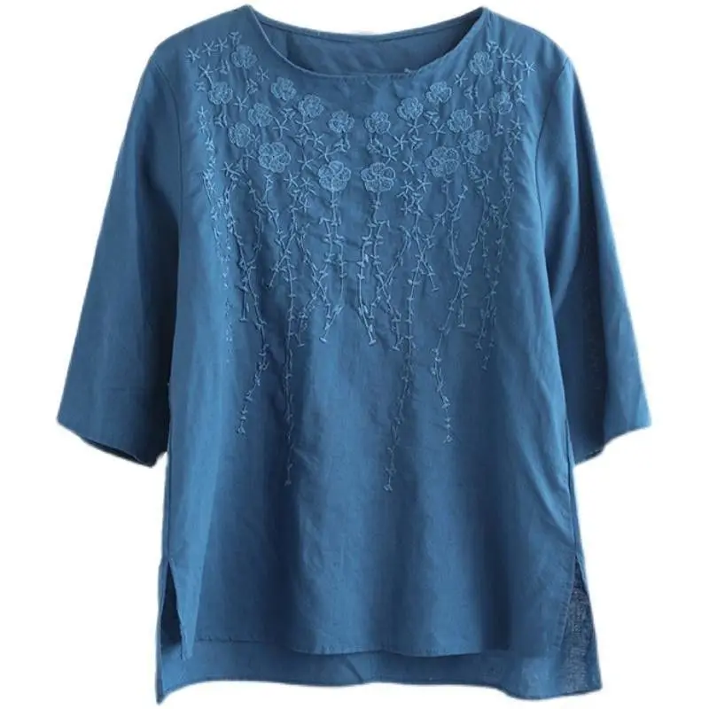 Vintage Embroidery Loose T Shirts Summer New 3/4 Sleeve O-neck Solid Color All-match Office Blouse Casual Fashion Women Clothing