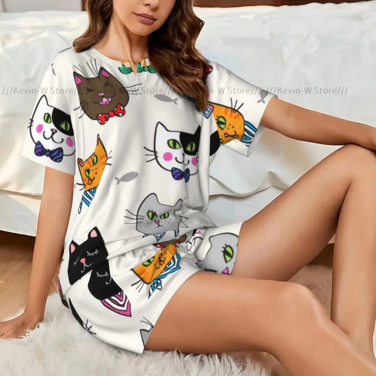 

Женская пижама из двух предметов, футболка с круглым вырезом и короткими рукавами, забавный хипстерский кот с портретами, повседневный домашний пижамный комплект