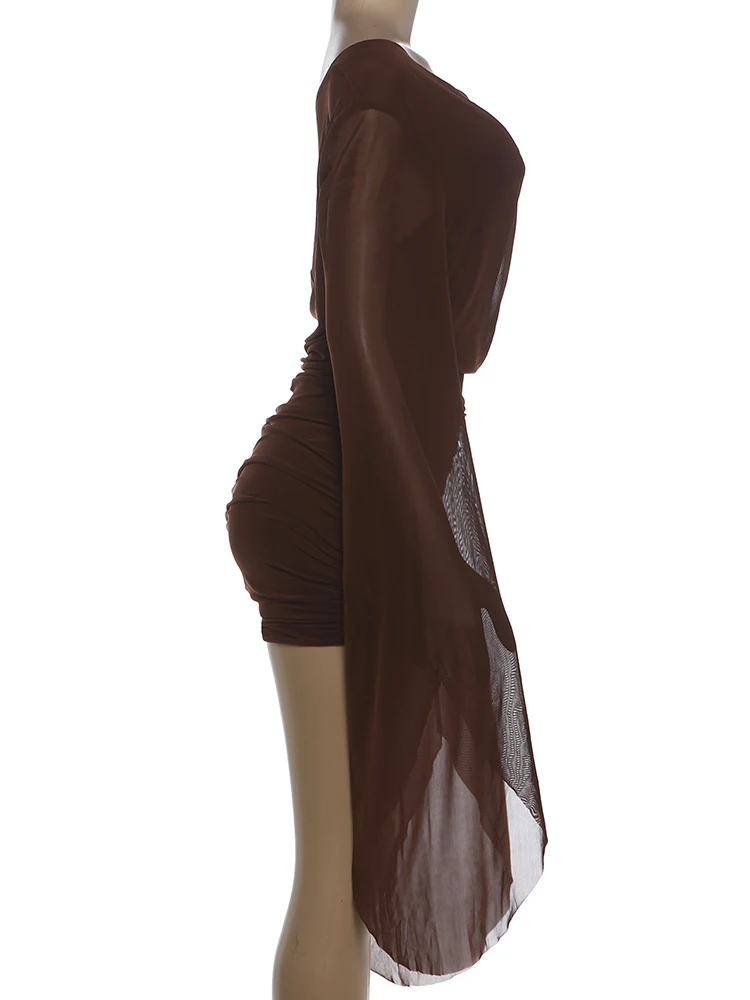 Weird Puss Kleid mit Schwingkragen für Damen, sexy, modisch, mit Mesh-Patchwork, gerafften Puffärmeln, heiß, trendig, für Party und Club, pfirsichfarben, figurbetont – Detail 4