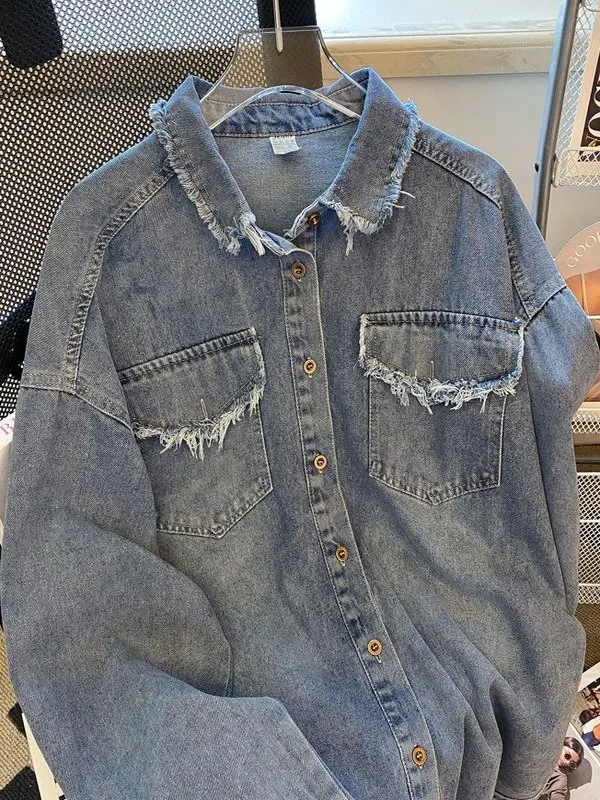 Large Size Vintage Distred Denim irt Jaet Women Loose Lazy Design Sense Top Long Sve Korean Sle Pure Color