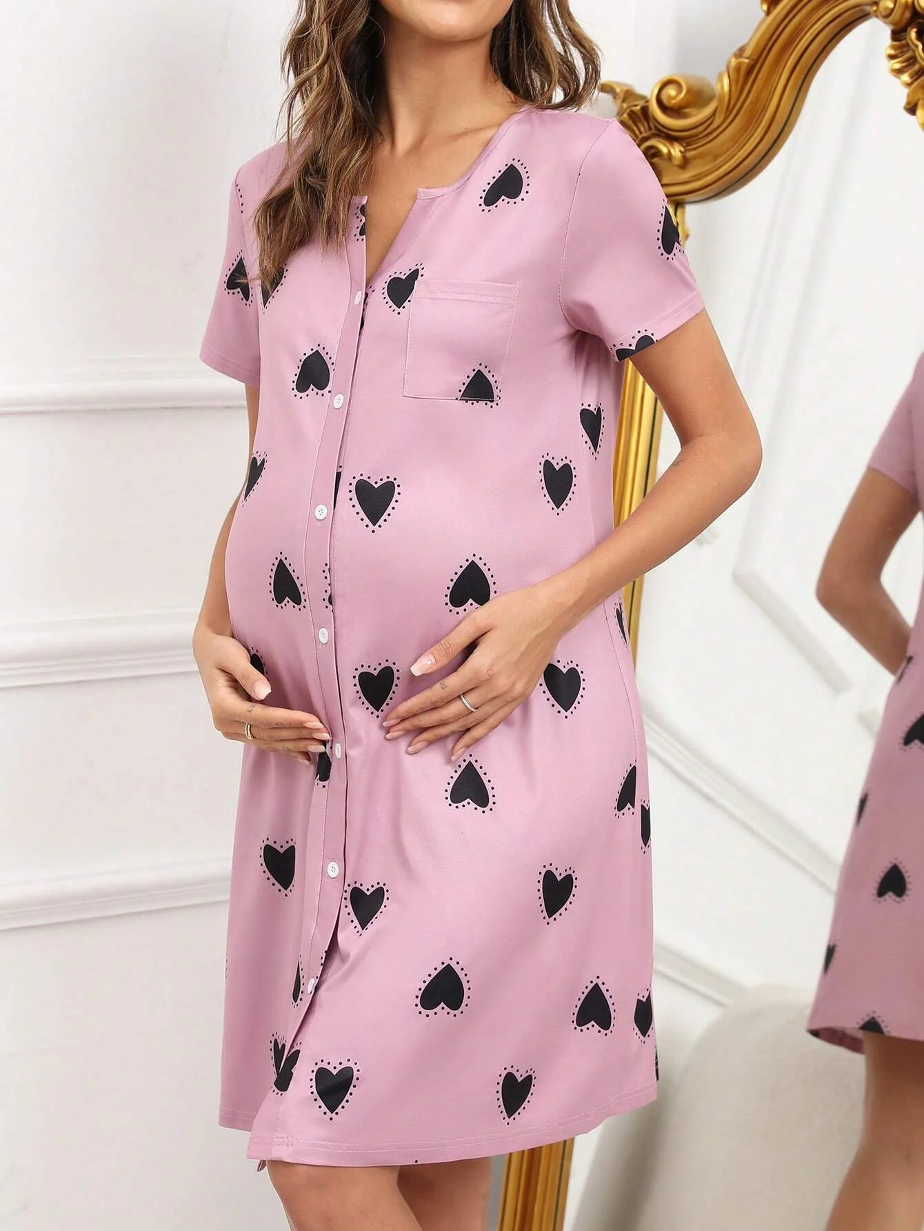 Pregnant women\'s home pajamas, pink pajamas, short sleeved skirts, dresses