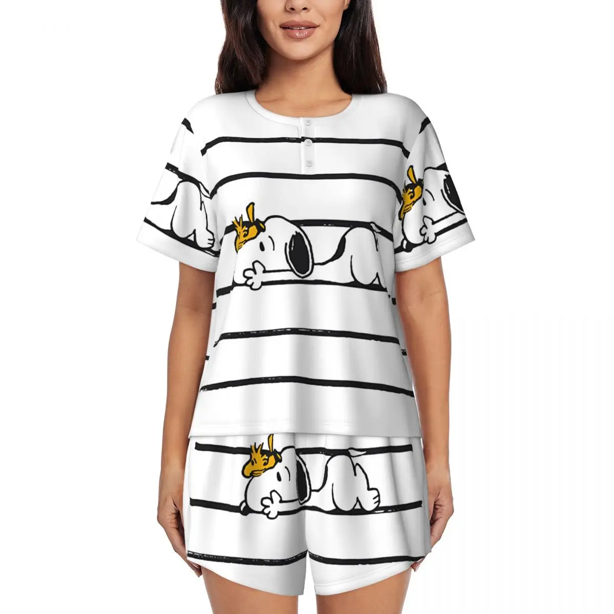 Custom Manga Snoopy Woodstock Pajama Sets Women 2 Piece Cartoon Dog Short Sleeve Pjs Shorts Sleepwear