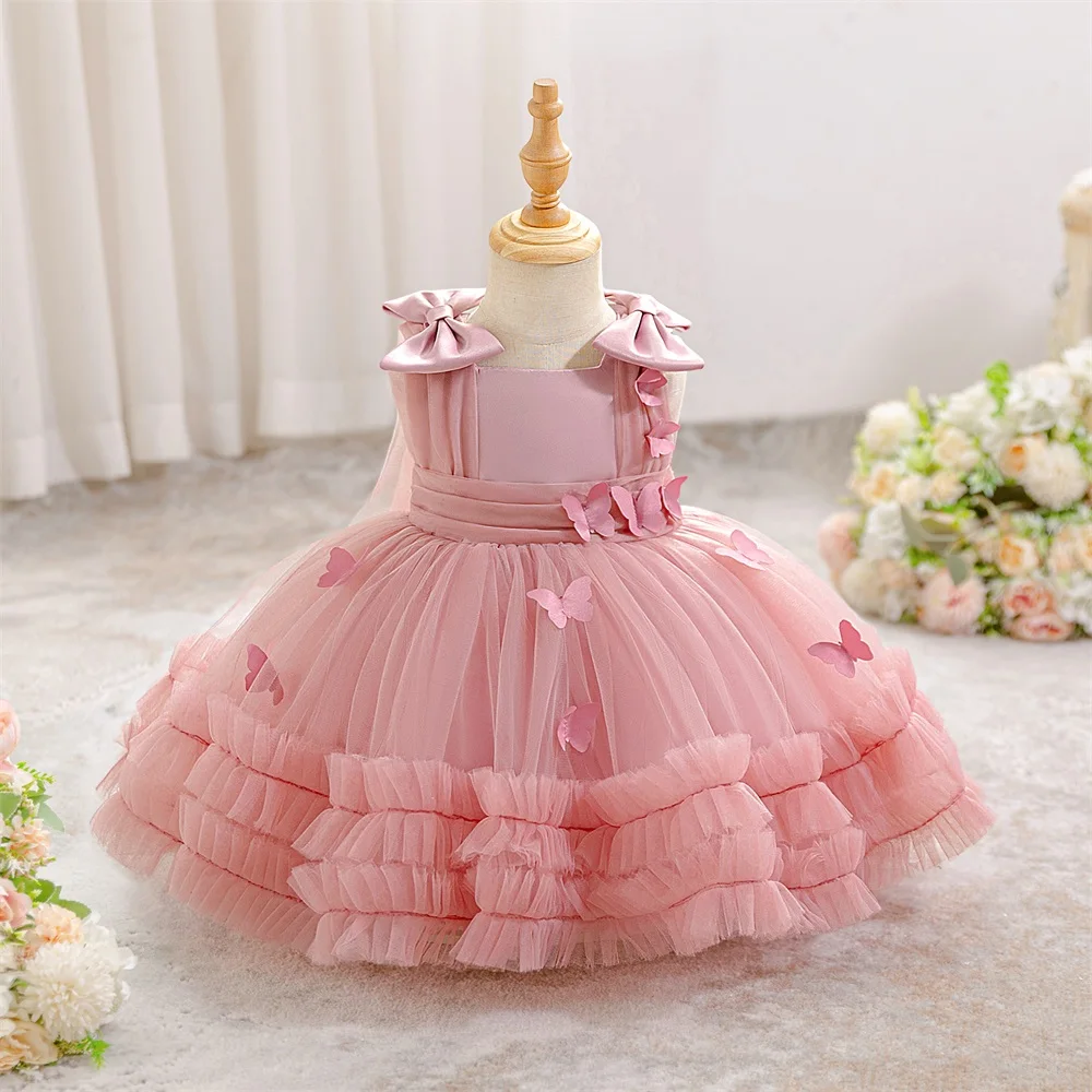 

Детское пышное платье с бантом и сетчатыми вставками для девочек, нарядное, с цветами, для дня рождения, выпускного, крестин, для маленьких принцесс