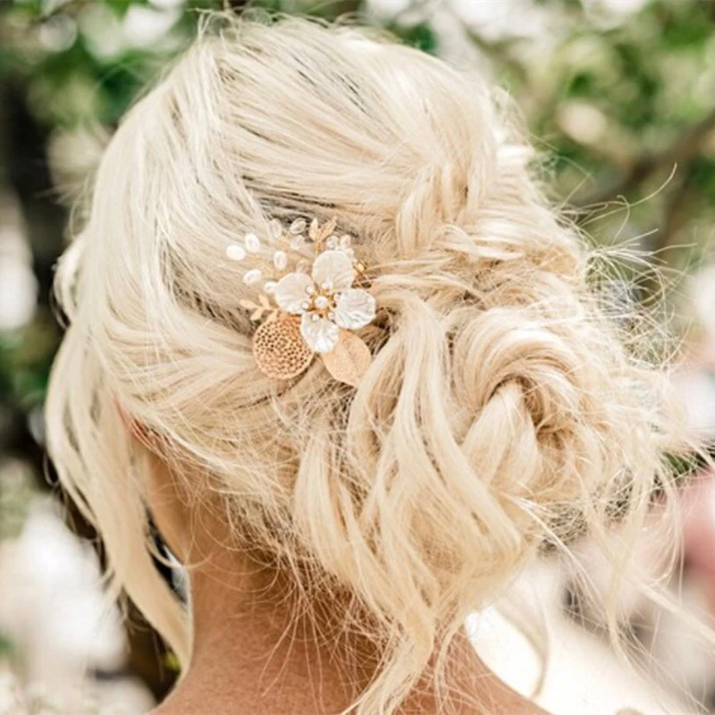 Gold Or Silver Pearl Flower Leaf Crystal Hair Comb Pin Band  For Women Bride Wedding Bridal Hair Accessories Jewelry Comb Gift image 2
