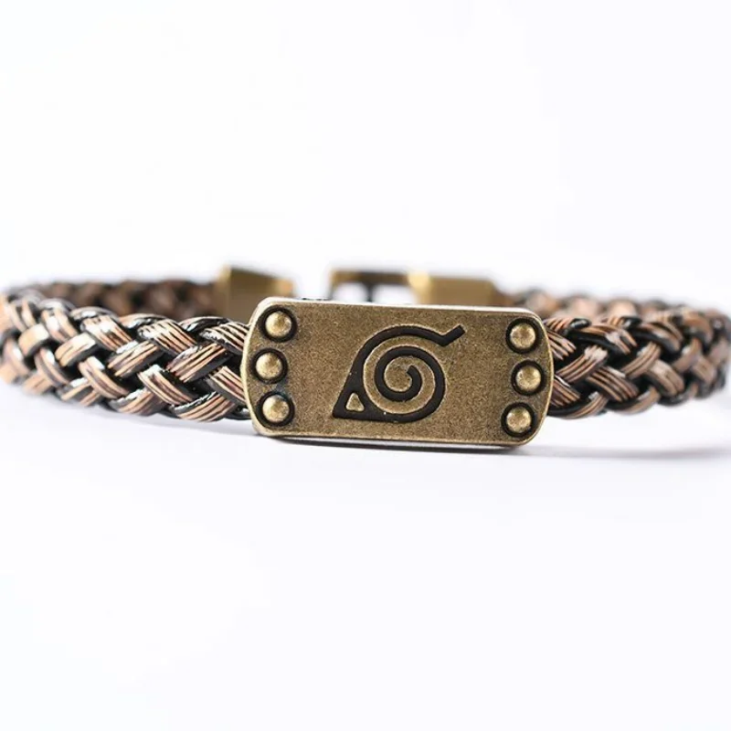 Japanese Anime Bracelet Naruto Peripheral Original Wooden Leaf Bracelet Retro Handmade Trend Woven Casual Leather Bracelet