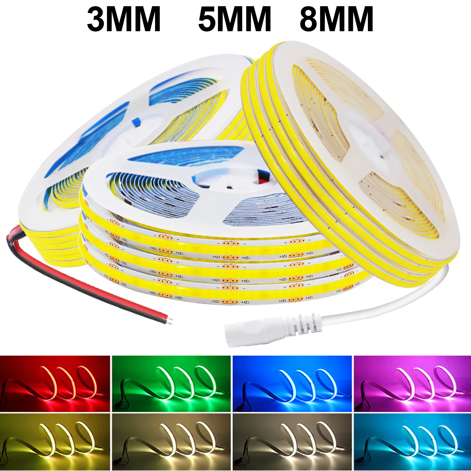 12V COB LED Strip Light 3mm 5mm 8mm Width 320LEDs Flexible COB Lights High Density Linear Light White/Warm/Natural/Pink/Yellow