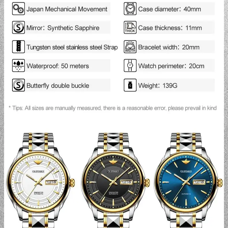 OUPINKE 3170 Fully Automatic Mechanical Watch Men Stainless steel Waterproof Night Light Dual Calendar Display Wristwatch Man