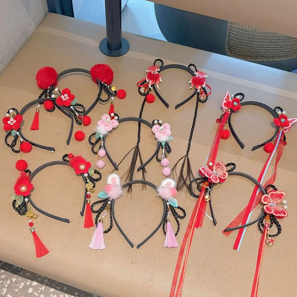 

Flower Children Wig Headband Butterfly Tassel Chinese New Year Headwear Tang Suit Hair Hoop Braid Hair