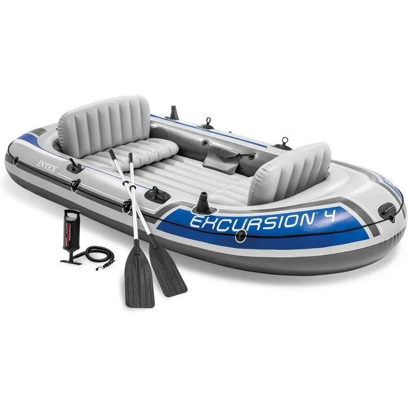 Set de Bote Inflable Intex 68324EP Excursion 4: Incluye Remos de Lujo de 54 Pulgadas y Bomba de Alto Rendimiento – Asientos Ajustables