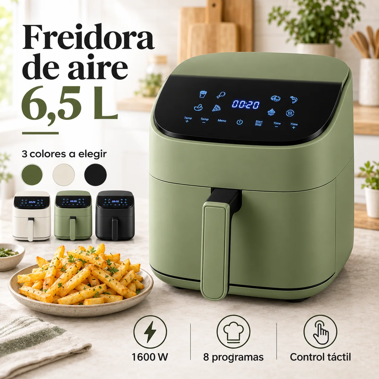 Freidora de Aire 6,5 L, 1600 W, Pantalla Táctil, 8 Programas de Cocción, Temperatura Ajustable de 80 a 200 °C, Cesta Extraíble