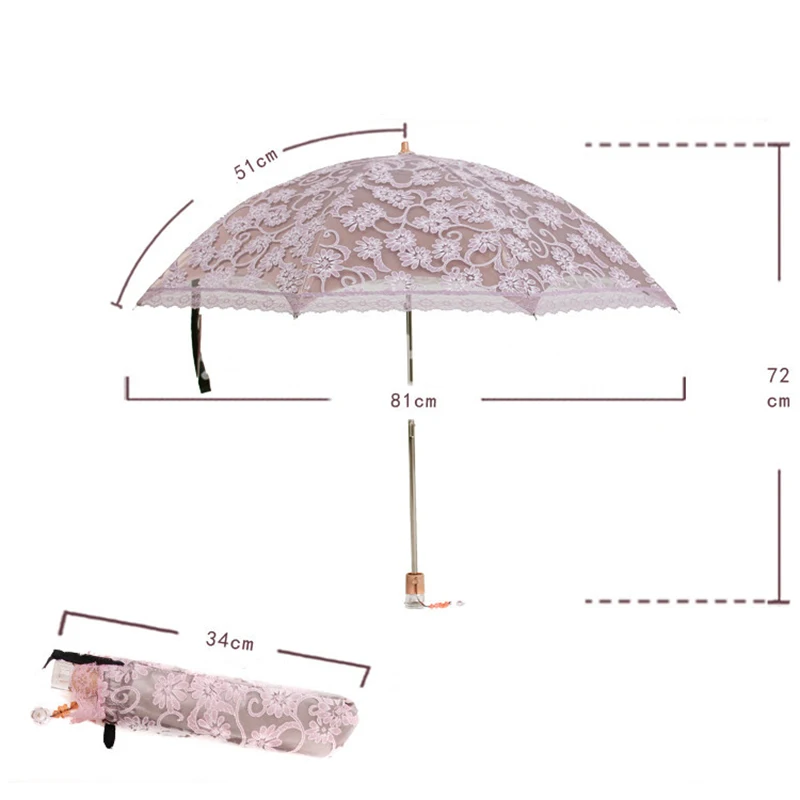 Lace Flower Woman Sun Umbrella Vintage Wedding Party Decor Sunshade UV Protection Wind Resistant Parasol 3 Fold Crystal Handle