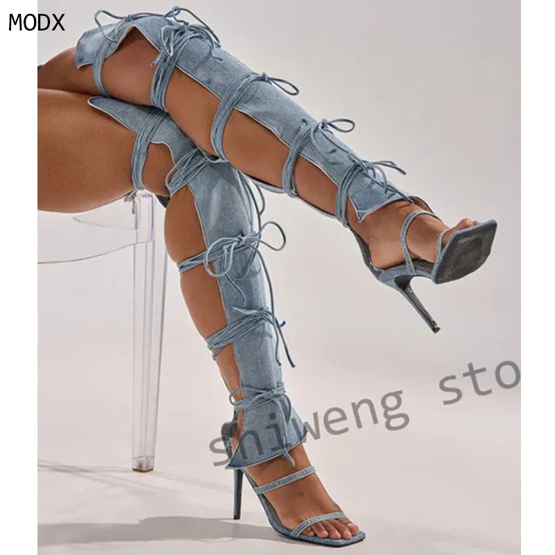 

2026 Spring Straight Strap Lace Up Sandals Boots Pointed Toe Hollow Jeans Thigh High Boots Summer Fashion Lace Up Stiletto 44