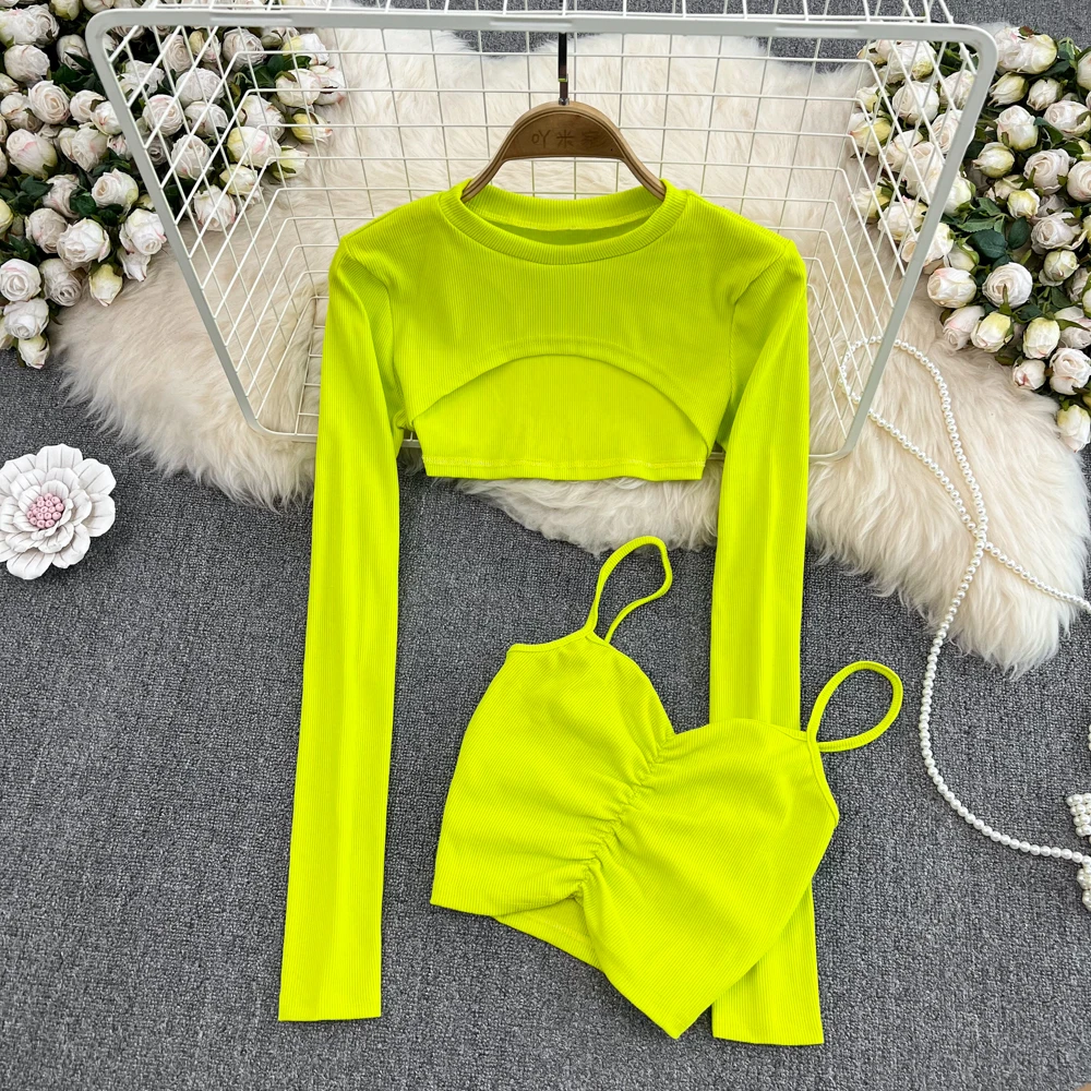 Women Two Pieces Sets Long Sleeve Slim Tshirt with Sexy Pleated Camis Tank Top Korean Fashion Hollow Out Crop Top Set Y2k Ins