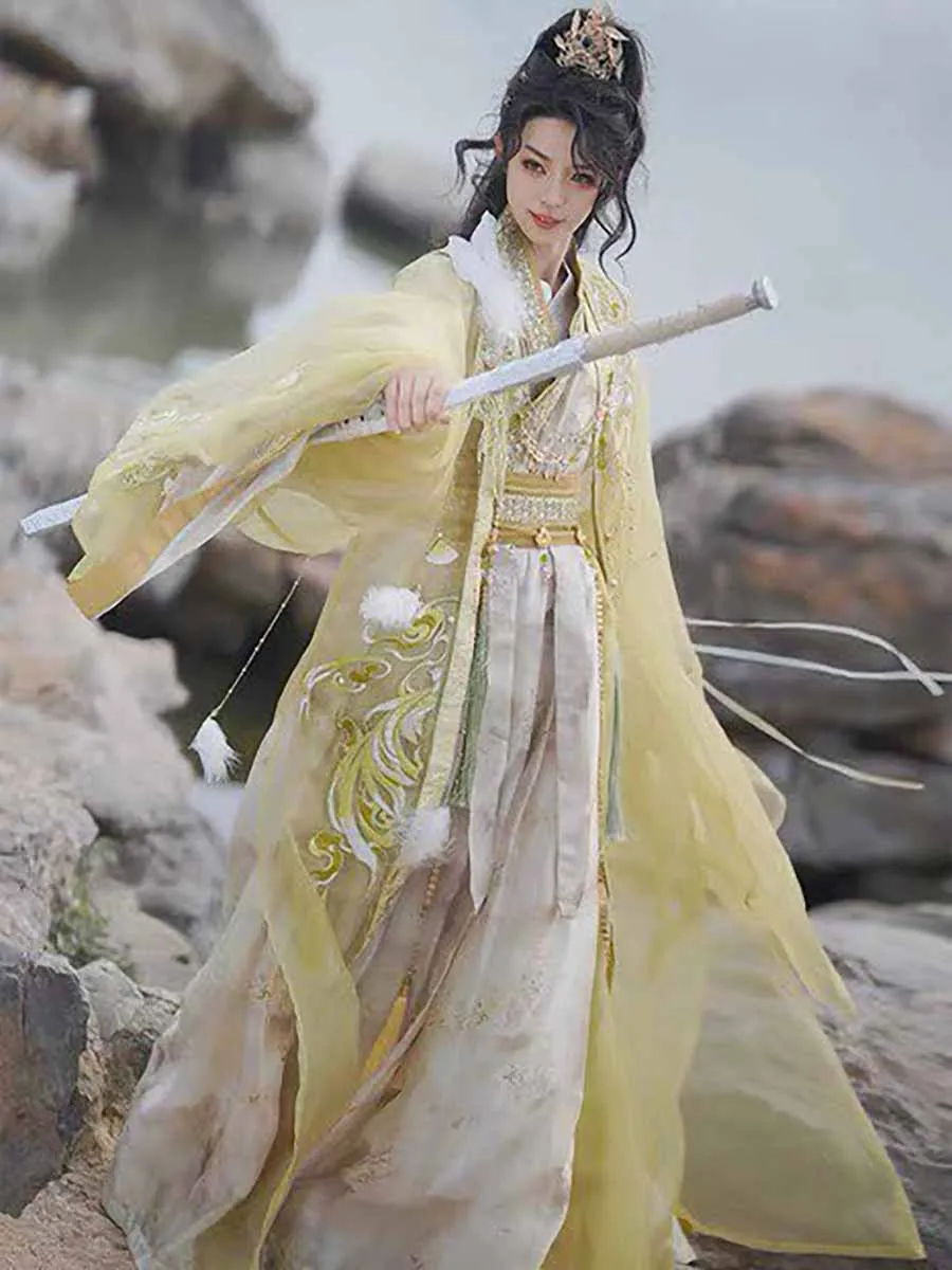 Wuxia Swordsman Hanfu Outfit Men  Gradient Yellow Embroidery Wide Sleeve Robe Fairy Cosplay Costume Traditional Tang Suit Women view 4