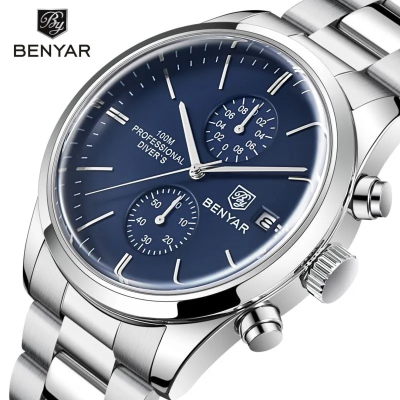 

Benyar 2023 New For Mens Watch Sports Quartz Wristwatch Date Chronograph 100m Waterproof Leather Military Clock Relojes Hombre