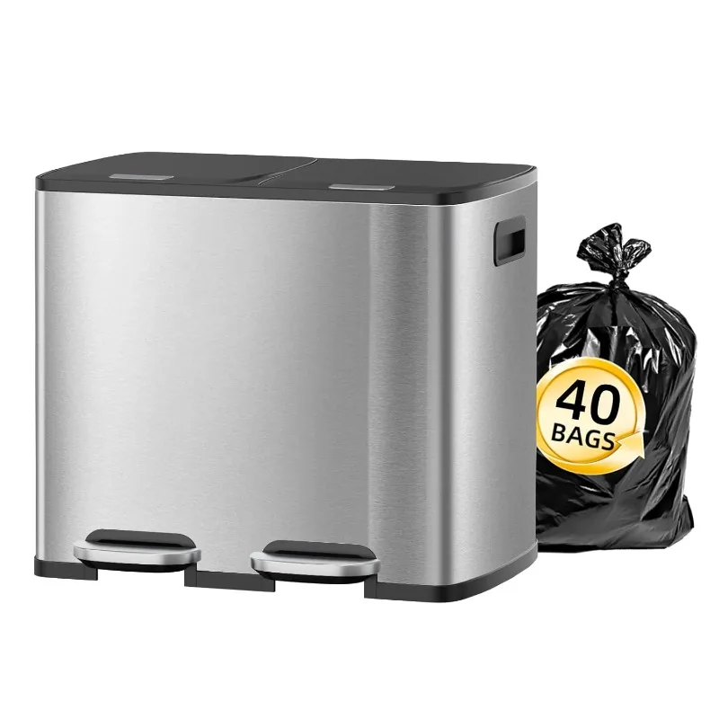 

40 Liter / 10.6 Gallon Dual Trash Can with Lid, Stainless Steel Kitchen Step Garbage Can, 2 x 5.3 Gallon Double Compartment