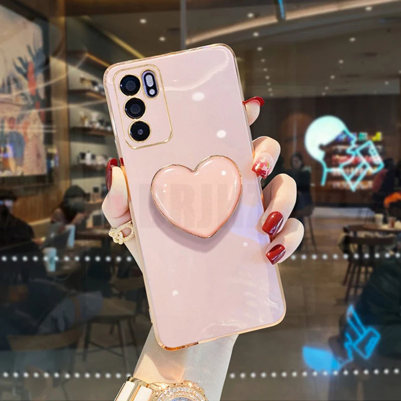 6D Love Heart Holder Case For Samsung Galaxy A54 A04s A13 A14 A 04 14 A04 S E A12 M13 A34 A24 Plating Stand Silicone Back Cover