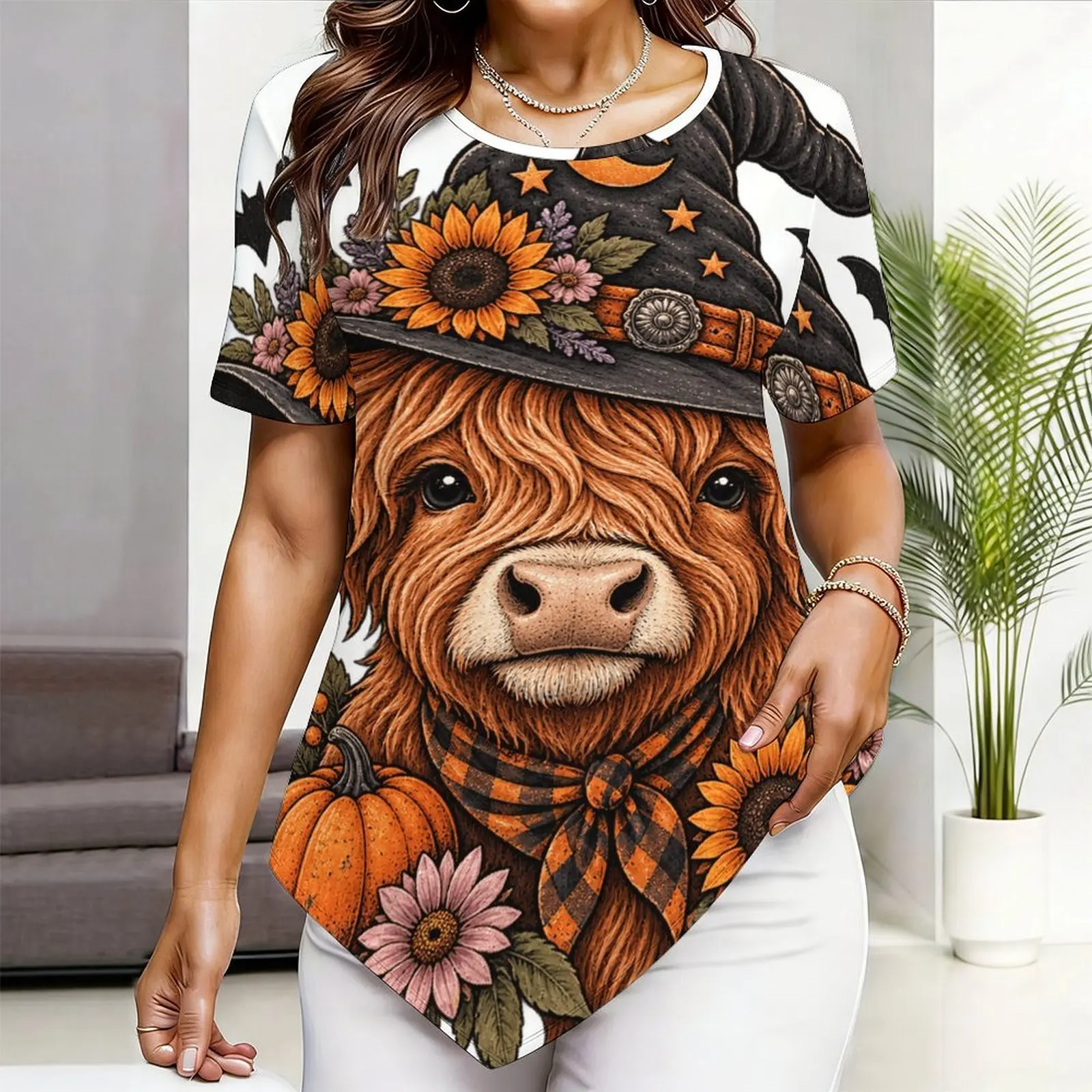 Women Round Neck Short Sleeve Pointed Hem Printed Top